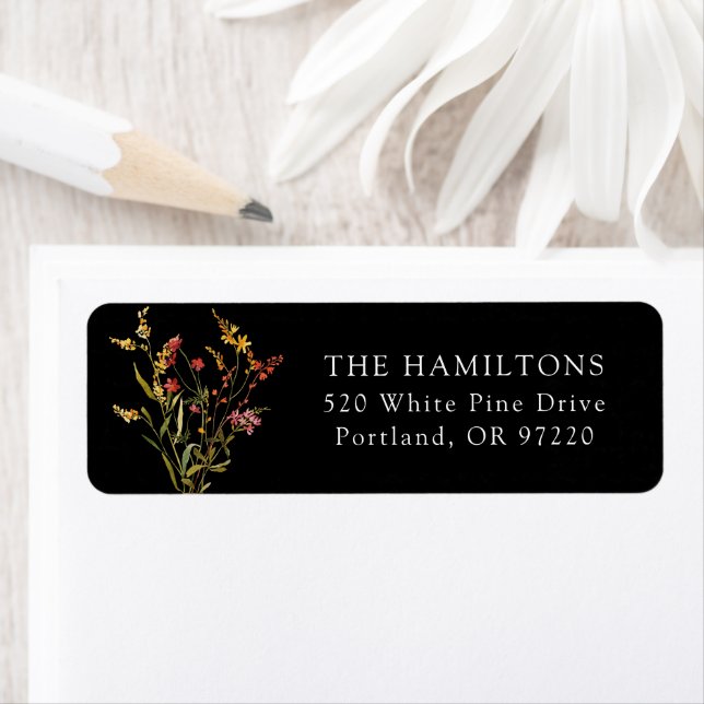 Elegant Summer Wildflowers Black Return Address Return Address Label (Insitu)