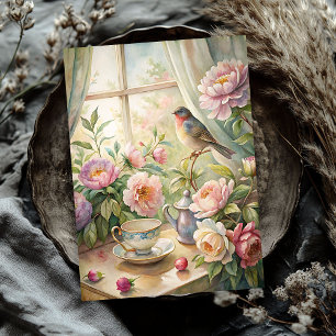 Elegant summer window with bird pink peonies tissue paper