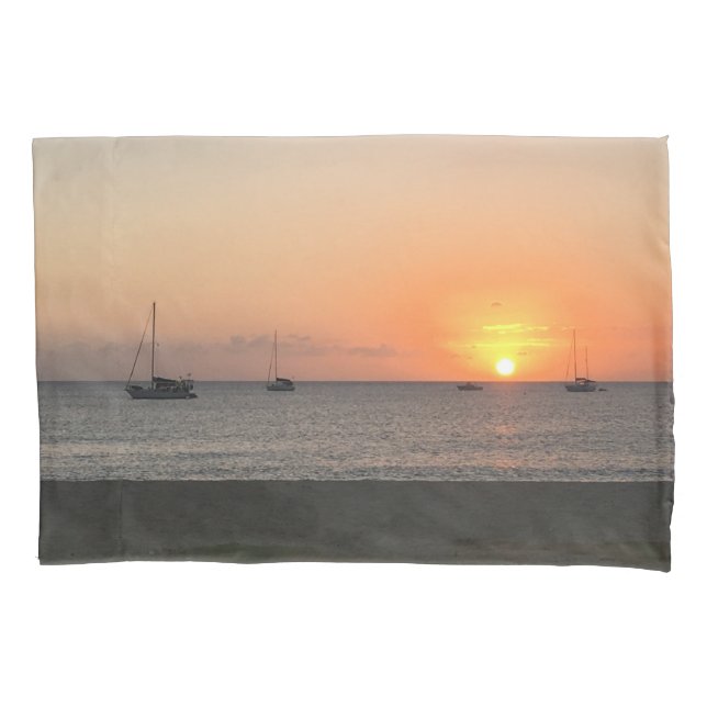 Elegant Sun Sunset Blue Ocean Sea Boats Tropical  Pillowcase (Front)