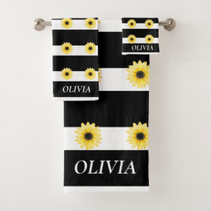 Elegant Sunfllower on Black and White Bath Towel Set