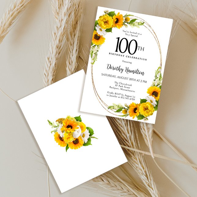 Elegant Sunflower 100th Birthday Party Invitation (Sunflowers and daisies make a cheerful 100th birthday invitation!)