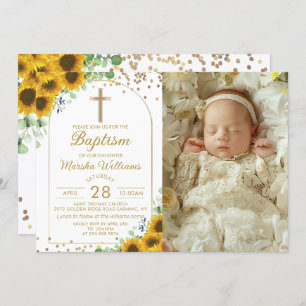Elegant Sunflower Arch Gold Glitter Baptism Photo  Invitation