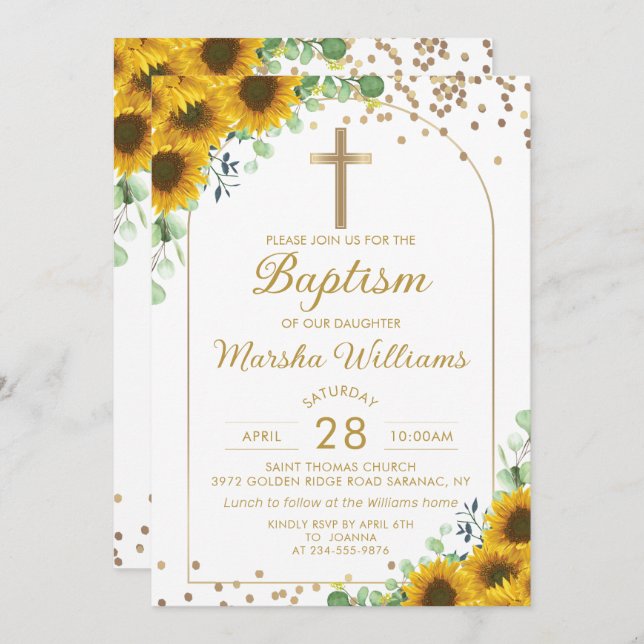 Elegant Sunflower Arch Gold Glitter Girl Baptism Invitation (Front/Back)