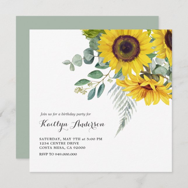 Elegant Sunflower BIrthday Party Invitation (Front/Back)