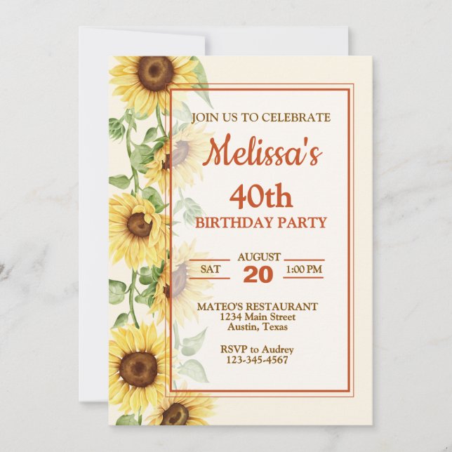 Elegant Sunflower Birthday Party Invitation (Front)