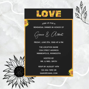 Elegant Sunflower Black Backdrop LOVE Rehearsal Invitation