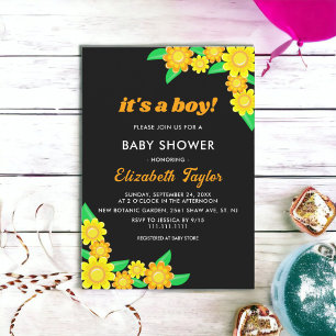Elegant Sunflower Black Floral Boy Baby Shower Invitation