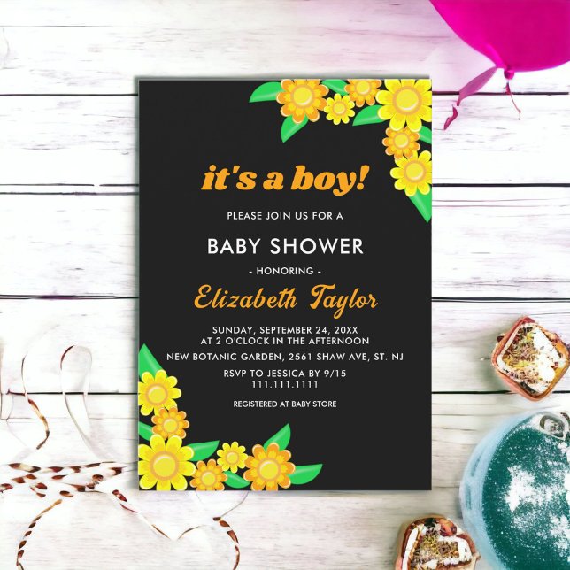 Elegant Sunflower Black Floral Boy Baby Shower Invitation (Creator Uploaded)