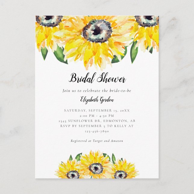Elegant Sunflower Bridal Shower Invite Watercolor Postcard (Front)