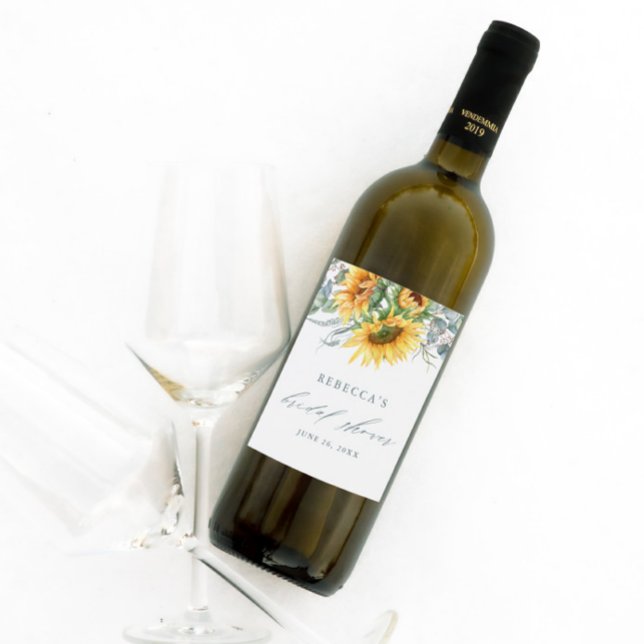 Elegant Sunflower Bridal Shower  Wine Label (An elegant wine label with hand painted sunflower and eucalyptus bouquet and modern script.)