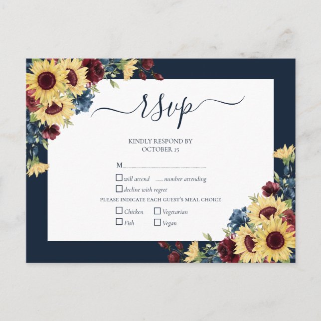 Elegant Sunflower Burgundy Navy Blue Wedding RSVP Invitation Postcard (Front)