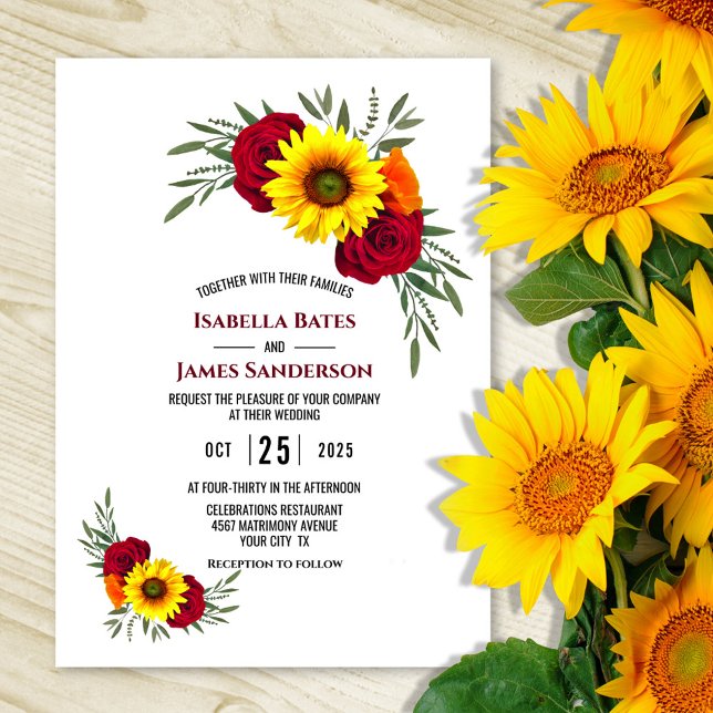 Elegant Sunflower Burgundy Rose Wedding Invitation (Creator Uploaded)