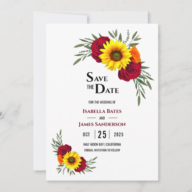Elegant Sunflower Burgundy Rose Wedding Save The D Save The Date (Front)