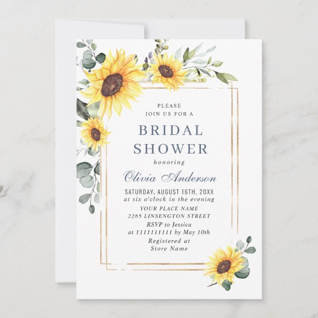 Elegant Sunflower Eucalyptus Bridal Shower QR code Invitation (Front)