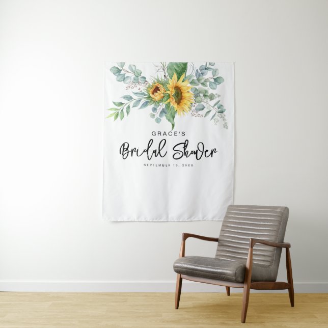 Elegant Sunflower Eucalyptus Bridal Shower Tapestry (In Situ)
