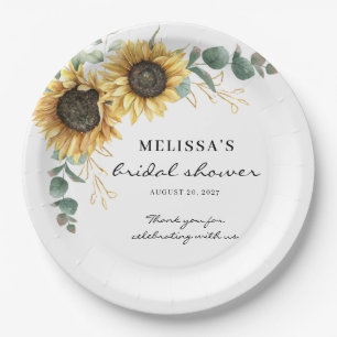 Elegant Sunflower Eucalyptus Floral Bridal Shower Paper Plate