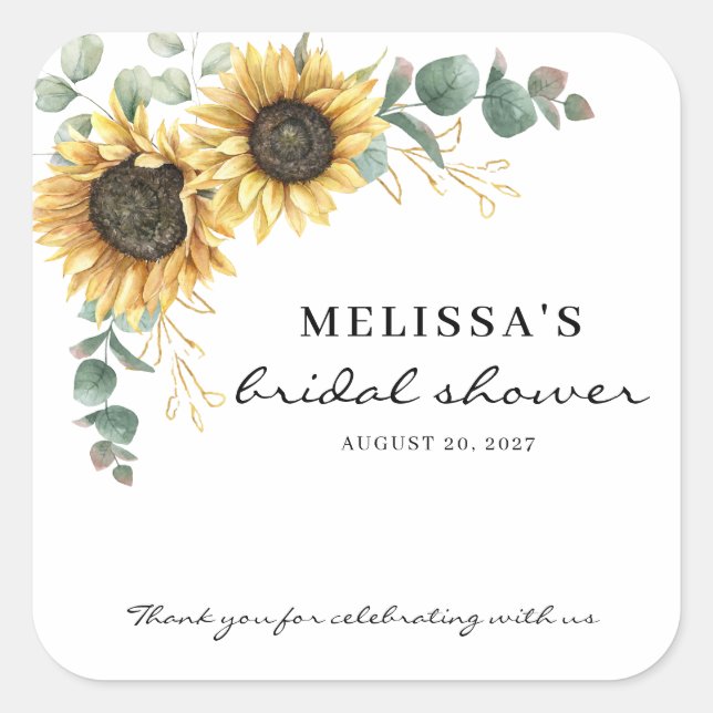 Elegant Sunflower Eucalyptus Floral Bridal Shower Square Sticker (Front)