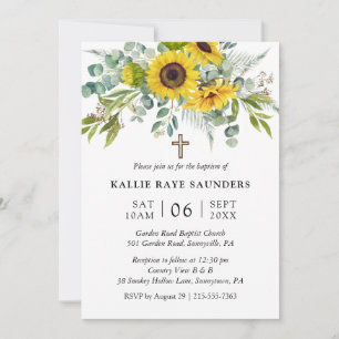Elegant Sunflower Eucalyptus Floral Cross Baptism Invitation