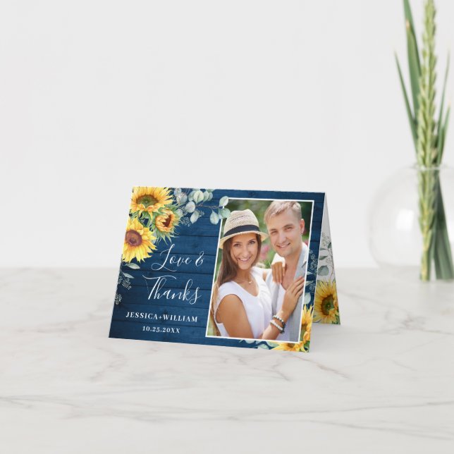 Elegant Sunflower Eucalyptus Rustic Blue Photo Thank You Card (Front)