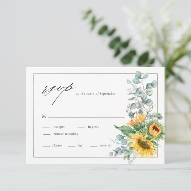 Elegant Sunflower Eucalyptus Watercolor Wedding RSVP Card (Standing Front)