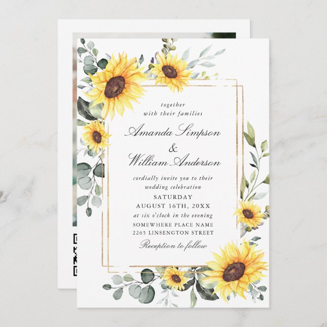 Elegant Sunflower Eucalyptus Wedding Photo QR code Invitation (Front/Back)