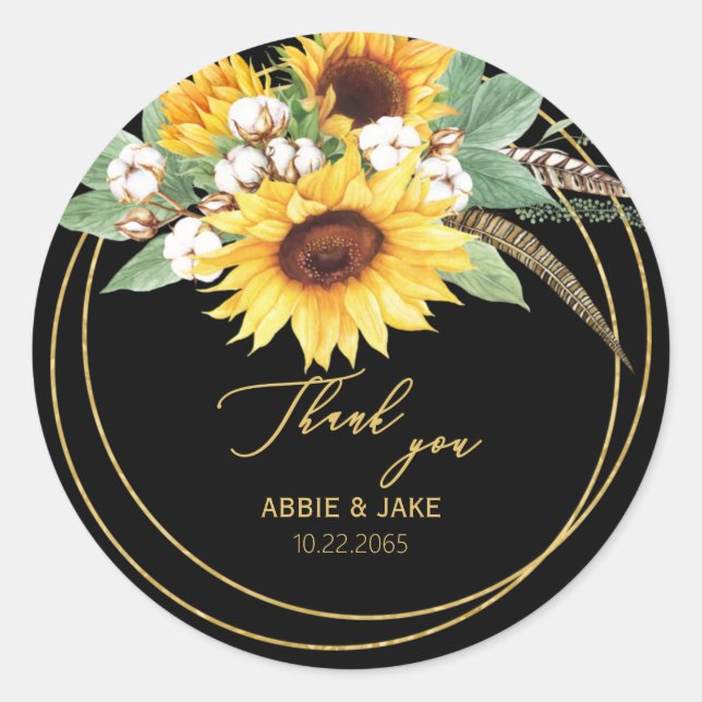 Elegant Sunflower Feather Wedding Black Classic Round Sticker (Front)
