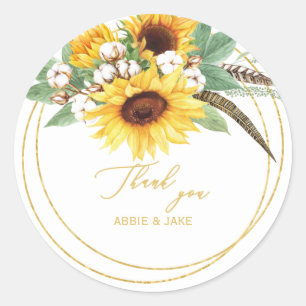 Elegant  Sunflower Feather Wedding Thank You Classic Round Sticker