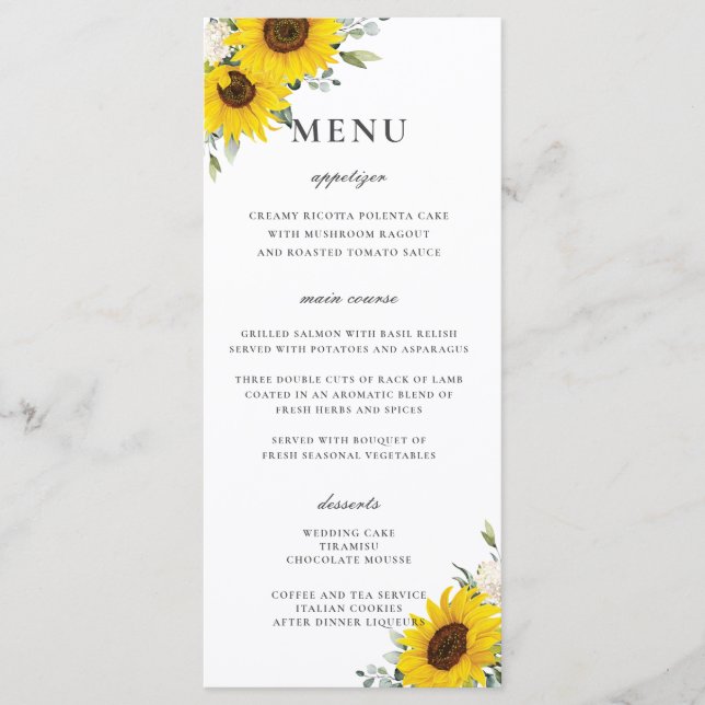 Elegant Sunflower Floral Greenery Wedding Menu (Front)