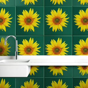 Elegant Sunflower (Floral Wall Art) Emerald Green Ceramic Tile