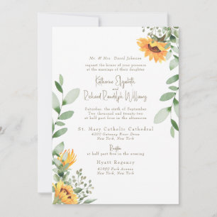 Elegant Sunflower Foliage Gold Text Wedding Invitation
