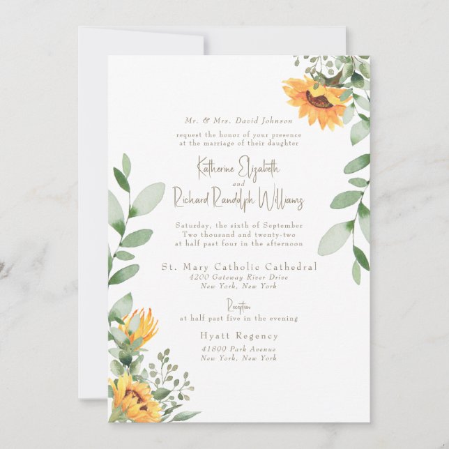 Elegant Sunflower Foliage Gold Text Wedding Invitation (Front)
