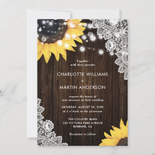 Elegant Sunflower Lace Rustic Wood Wedding Invitation