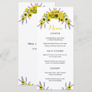Elegant Sunflower & Lavender Floral Wedding Party Menu