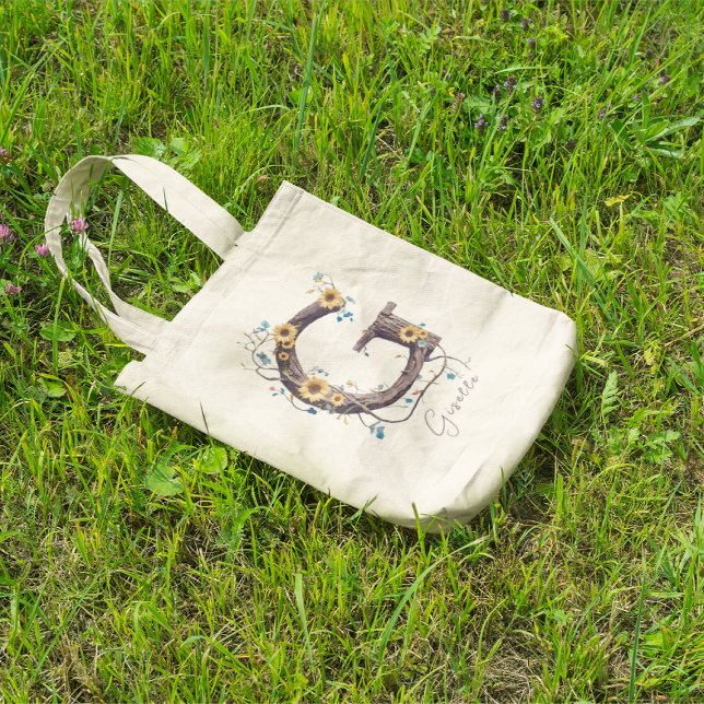 Elegant Sunflower Letter 'G' Monogram Custom Name Tote Bag (Creator Uploaded)