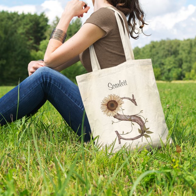 Elegant Sunflower Letter S Floral Monogram Custom Tote Bag (Creator Uploaded)