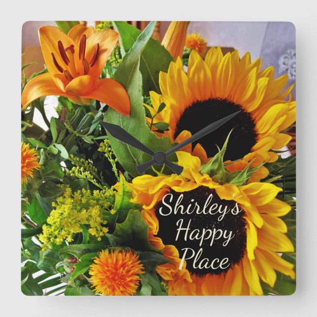Elegant Sunflower, Lily Happy Place Fall Bouquet S Square Wall Clock (Front)