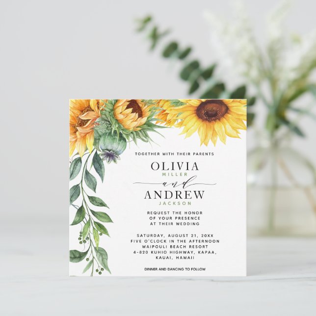 Elegant Sunflower Modern Watercolor Wedding Invitation (Standing Front)