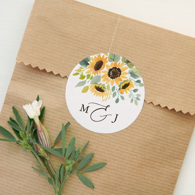 Elegant Sunflower Monogram Wedding Classic Round Sticker (Creator Uploaded)