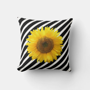 Elegant Sunflower on Black & White Striped Cushion