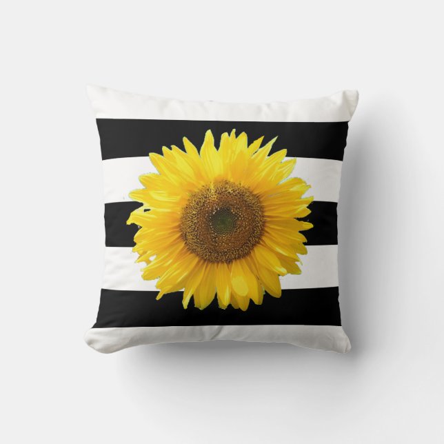 Elegant Sunflower on Black & White Striped Throw P Cushion (Front)