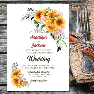 Elegant Sunflower Pink Rose Wedding Invitation