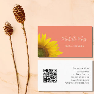 Elegant Sunflower QR code Floral Peach Business Card