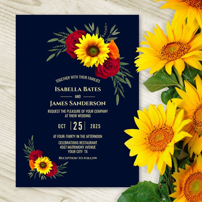 Elegant Sunflower Red Rose Navy Blue Wedding Invitation (Creator Uploaded)