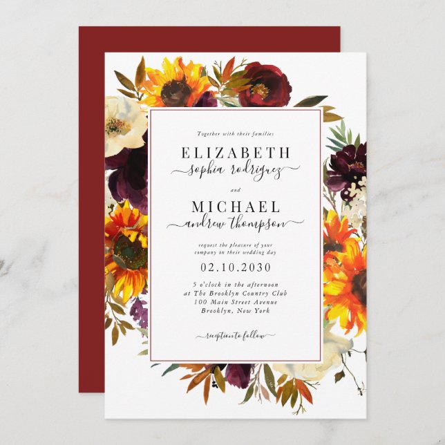 Elegant Sunflower Rose Burgundy Floral Wedding Invitation (Front/Back)