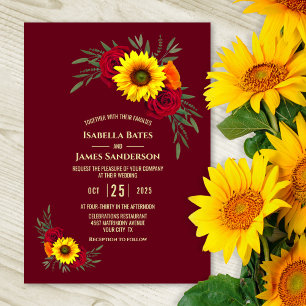 Elegant Sunflower Rose Burgundy Wedding Invitation