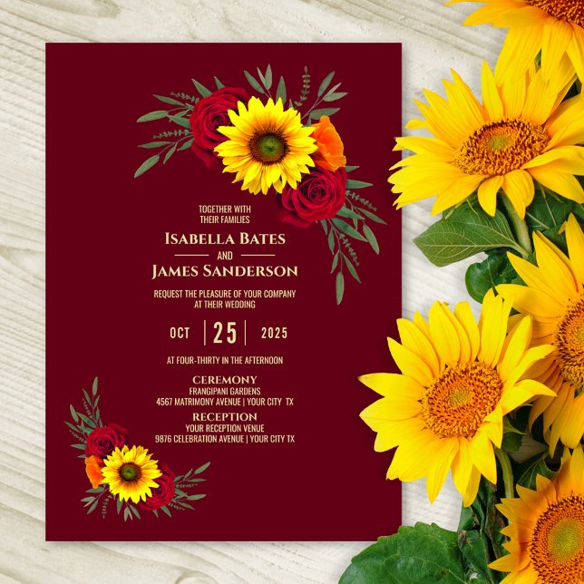 Elegant Sunflower Rose Burgundy Wedding Invitation (Creator Uploaded)