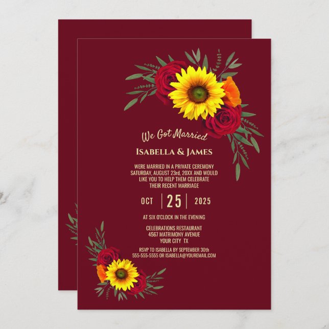 Elegant Sunflower Rose Burgundy Wedding Reception Invitation (Front/Back)