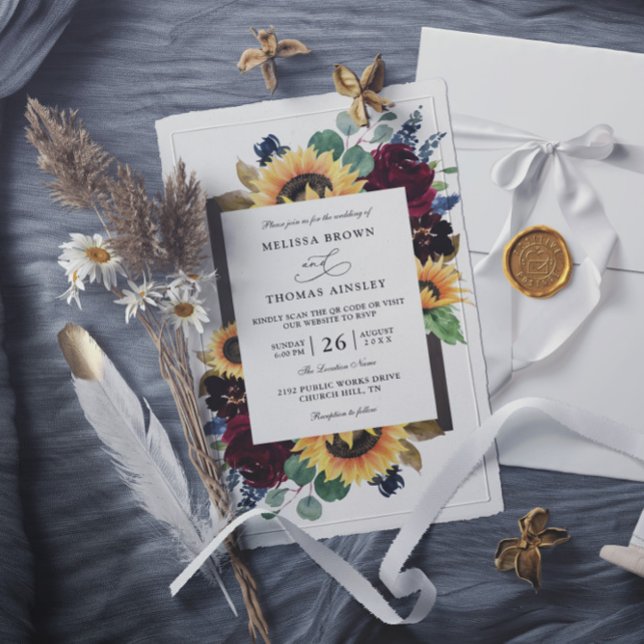 Elegant Sunflower Rustic Budget QR Code Wedding Invitation (Creator Uploaded)