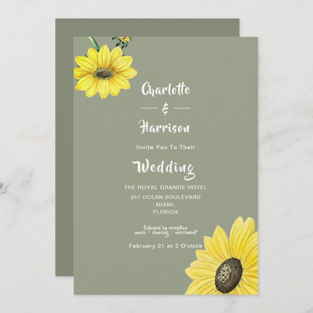 Elegant Sunflower Sage Green Wedding Invitation (Front/Back)