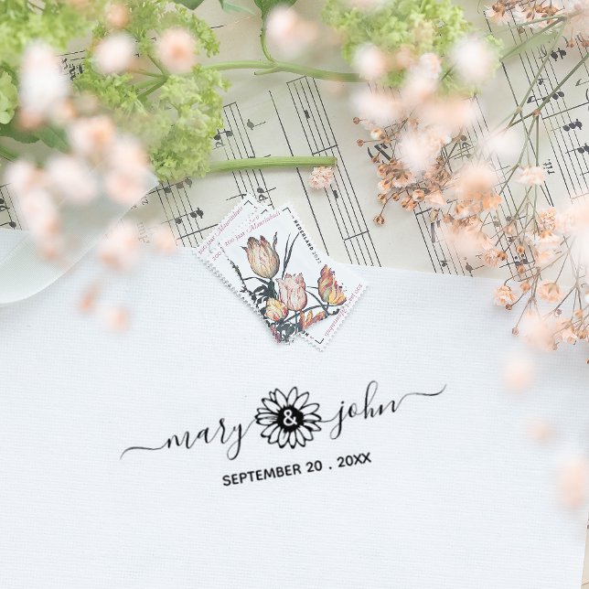 Elegant Sunflower Script Couple Save the Date Rubber Stamp (Creator Uploaded)
